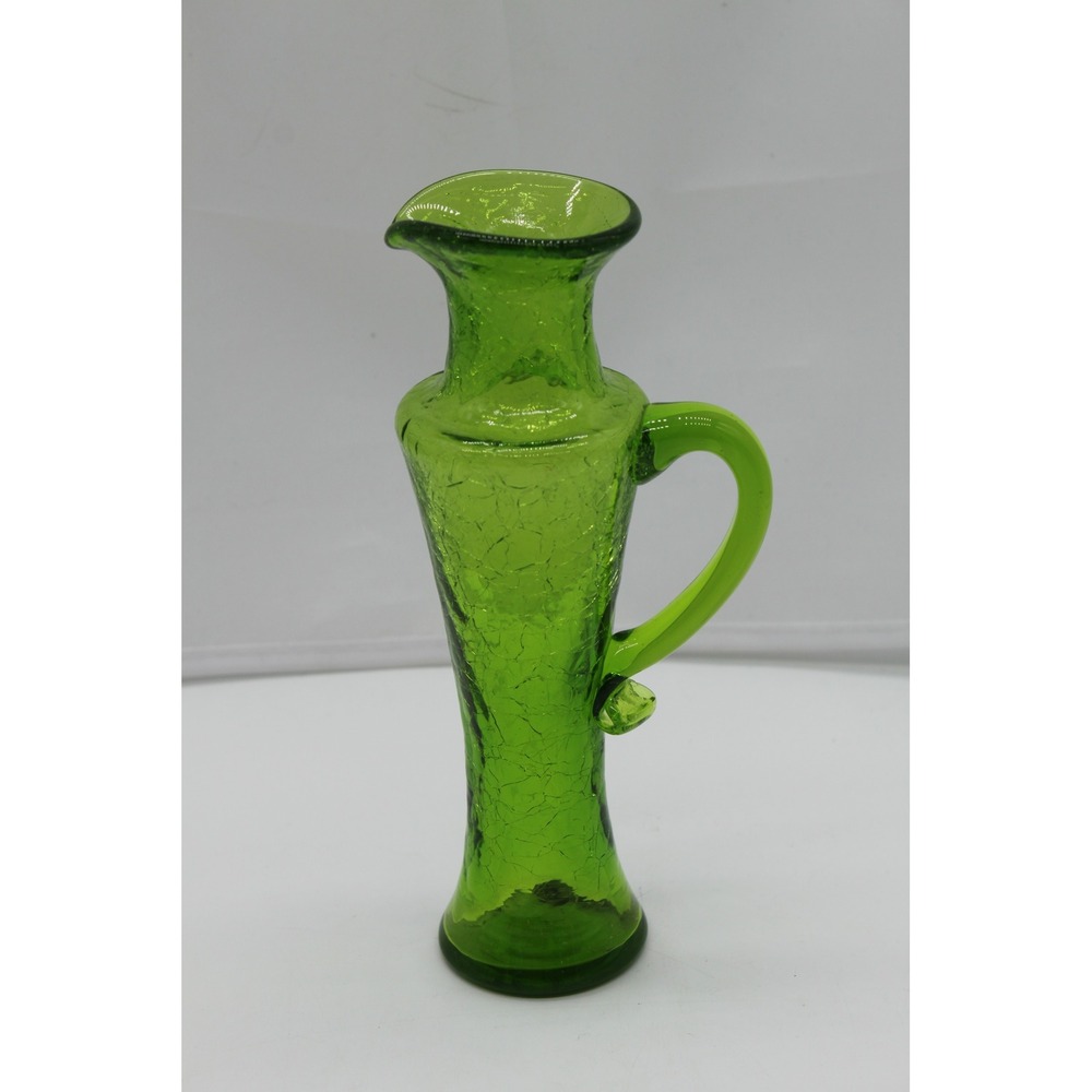 Vtg MCM Retro Art Glass Hand Blown Green Crackle Small Glass Pitcher